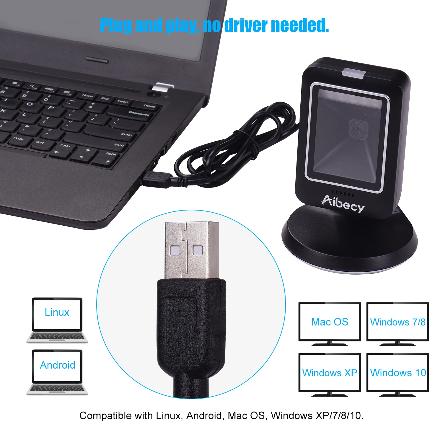 Aibecy MP6300Y 1D/2D/QR Всенаправленный сканер штрихкодов проводной USB считыватель штрих