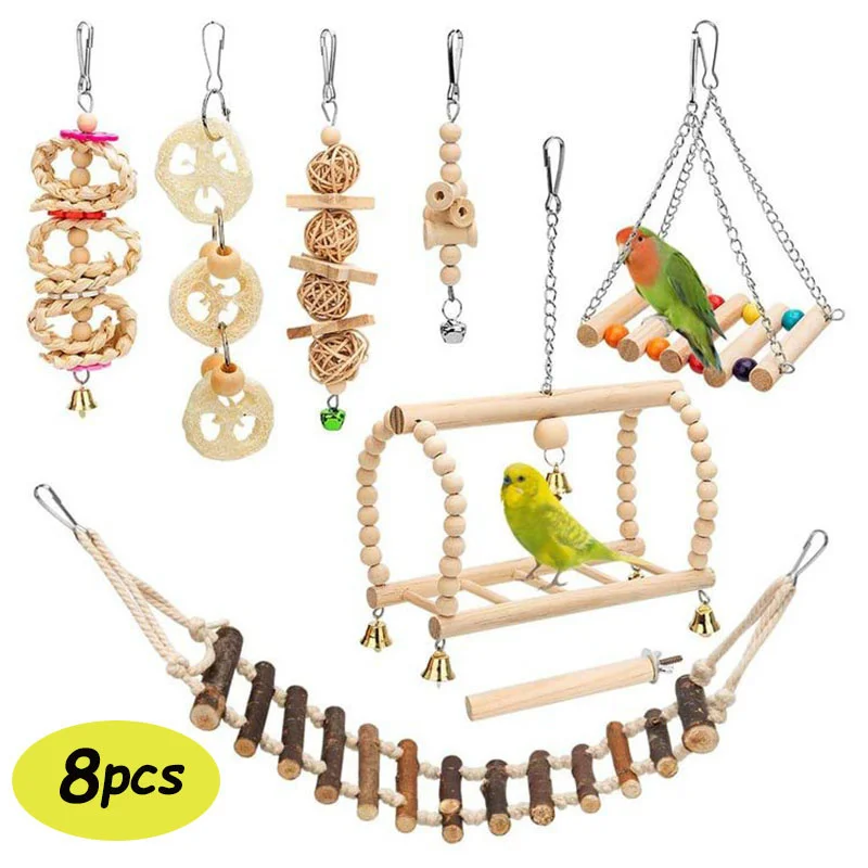 

8Pcs/Set Bird Parrot Birds Toys Wooden Hanging Swing Hammock Chewing Standing Climbing Ladders Perches Pet Cage Accessories