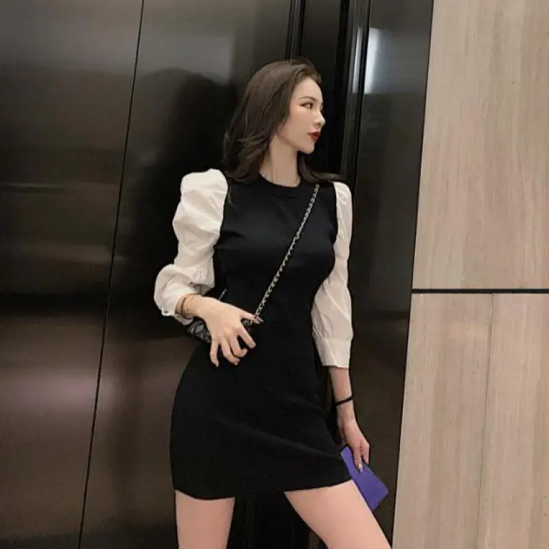 Корейское модное вязаное Черное мини платье в стиле пэчворк осеннее французское