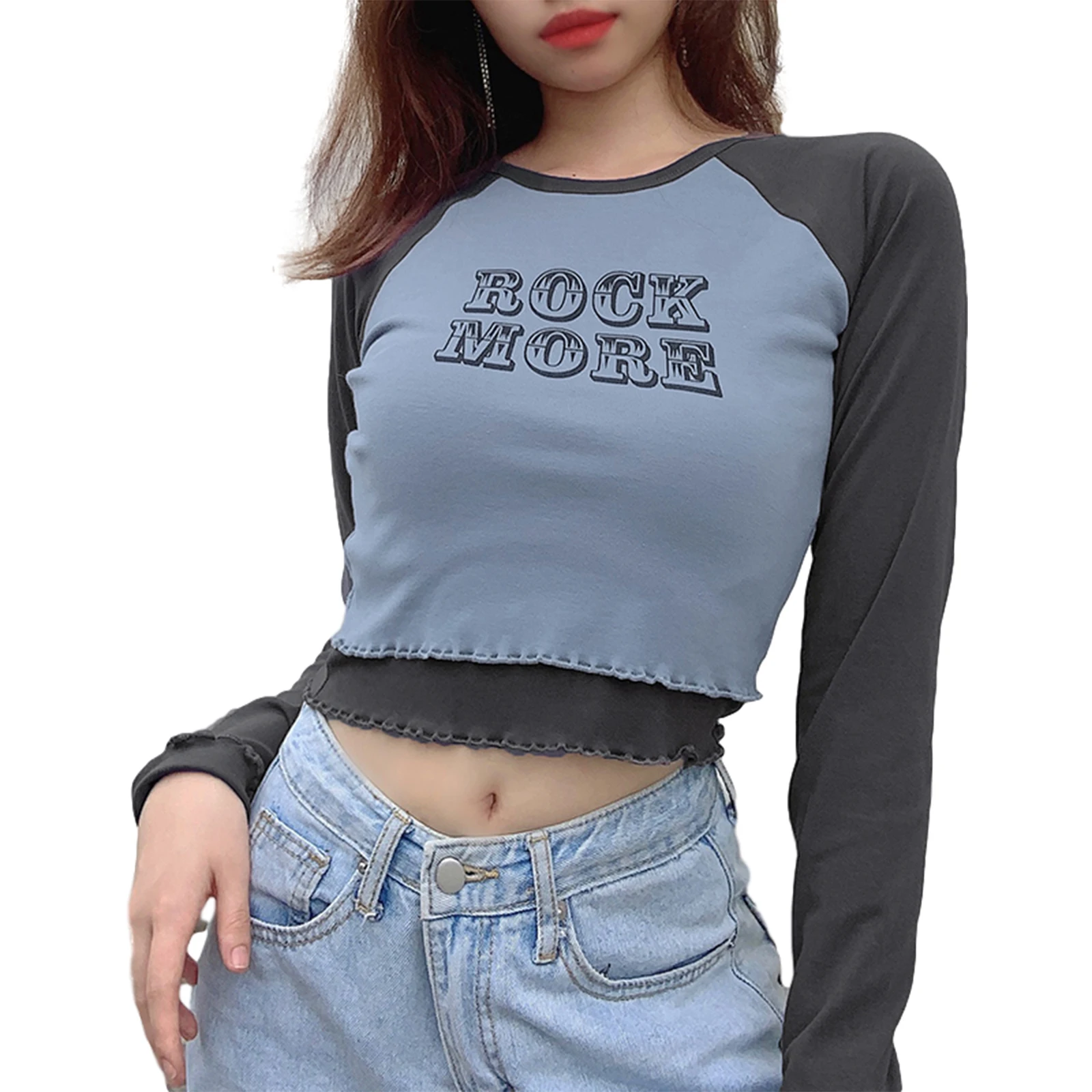 

Женский укороченный топ с буквенным принтом, повседневная женская футболка с длинным рукавом и круглым вырезом в стиле пэчворк, пуловер, об...