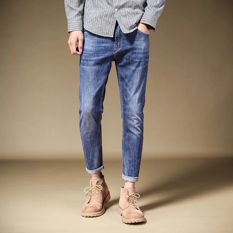Summer Men's Thin Blue Jeans Stretch Slim Fit Ankle-Length Pants Casual Streetwear Denim Trousers