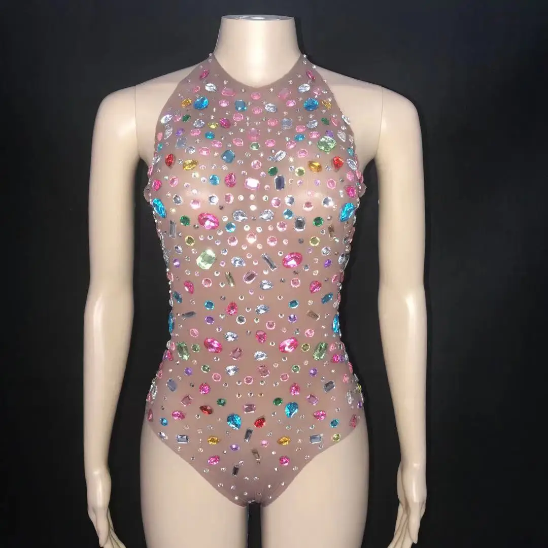 Mesh multicolor Rhinestones Crystals Bodysuit Nightclub DJ Female Singer Dance Costume dress Sexy Elastic Party Stage Wear