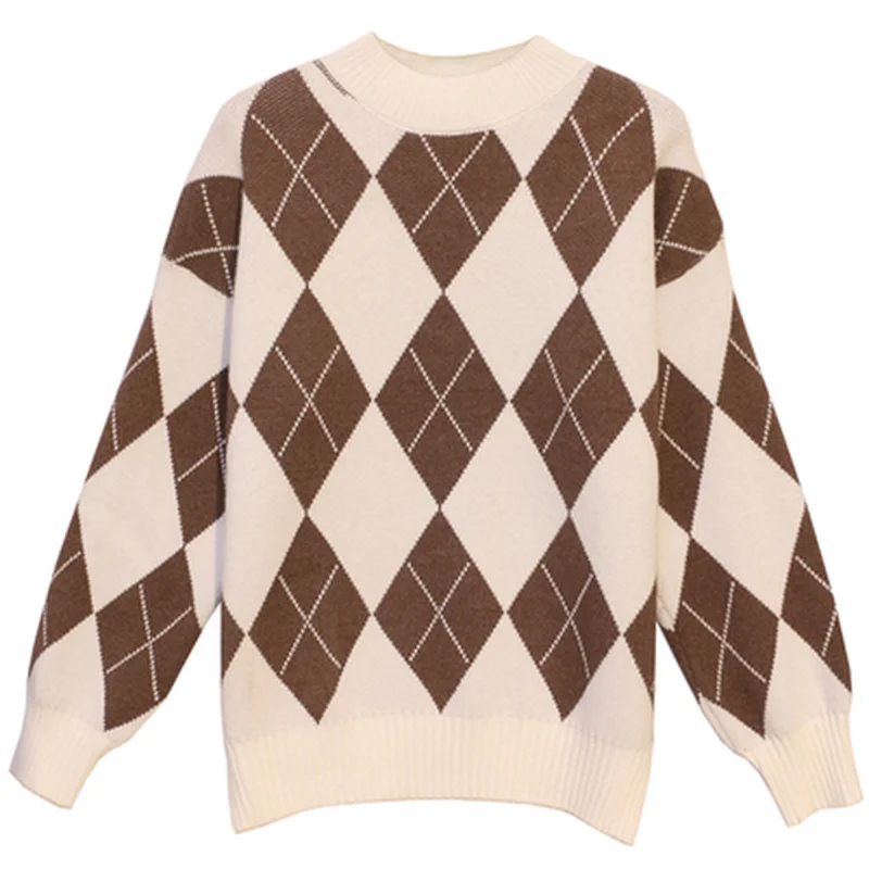 

2020 Vintage Pullover Woman Sweaters Fashion O-Neck Long Sleeve Argyle Sweater Simple Autumn Women's Jumper Winter Clothes
