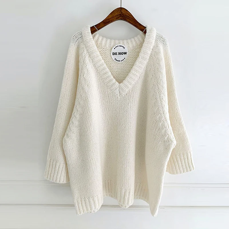 

Casual Women Sweaters Long Pullovers Long Sleeve V Neck Loose Autumn Winter Tops Female Warm Knitted Sweater Black White