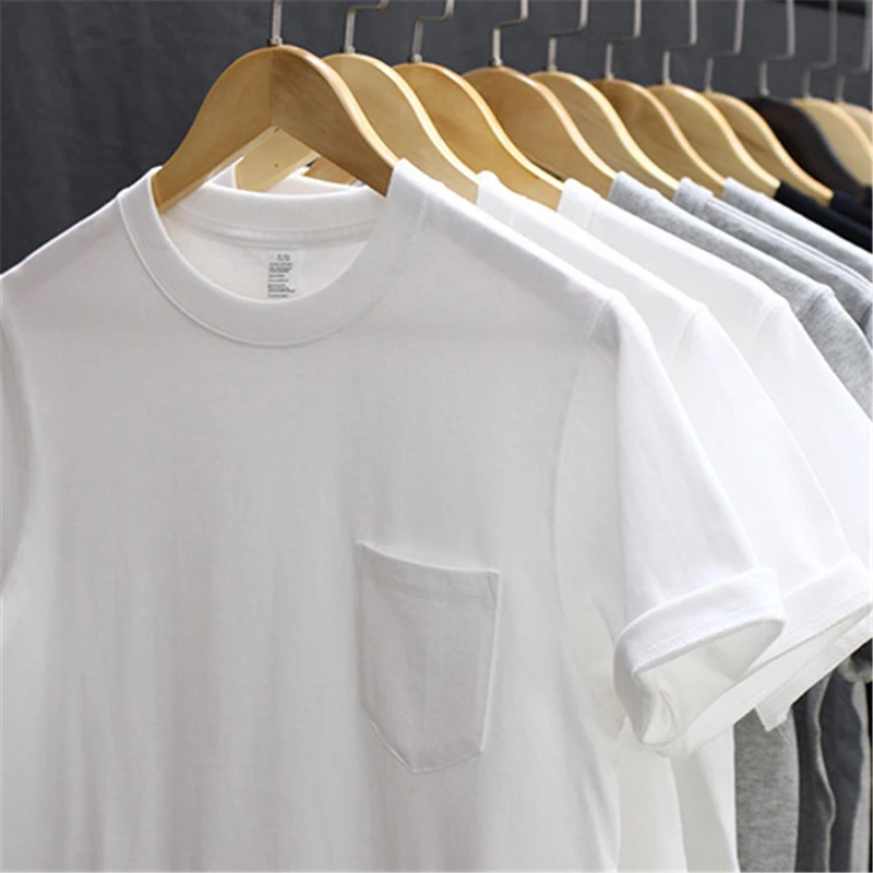 260g Heavy Weight Men's T-Shirt Summer Retro Simple Handsome Chic Casual Soft Solid Color Cotton Pocket Short Sleeve O-Neck Tees