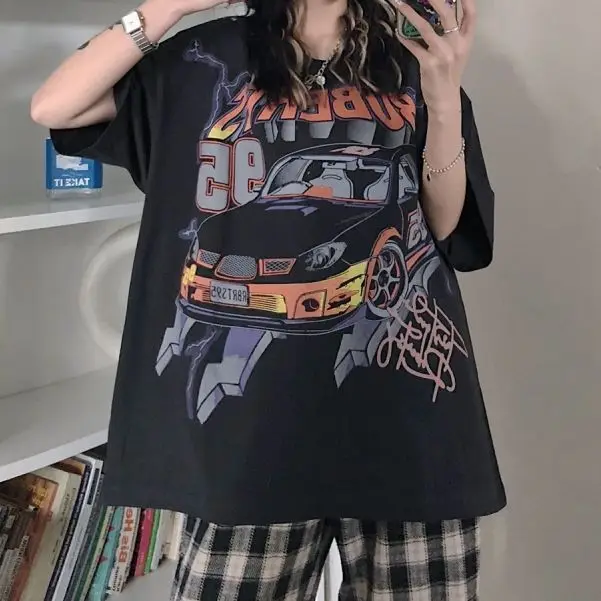 

Vintage 90s Punk Oversized T-Shirt Woman 2021 Summer Harajuku Racing Print Dark Gray Hip-Hop Streetwear Casual T-Shirt Tops Man