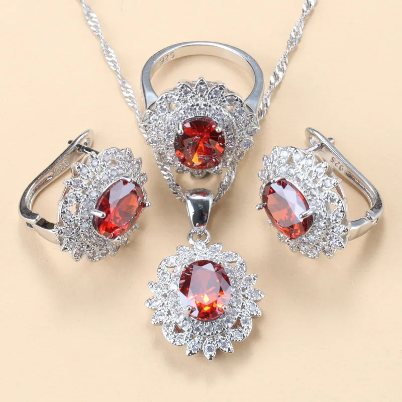 

Dubai Bridal Accessories 925 Sterling Silver Big Jewelry Sets With Red Garnet Clip Earrings And Necklace For Women Wedding Sets