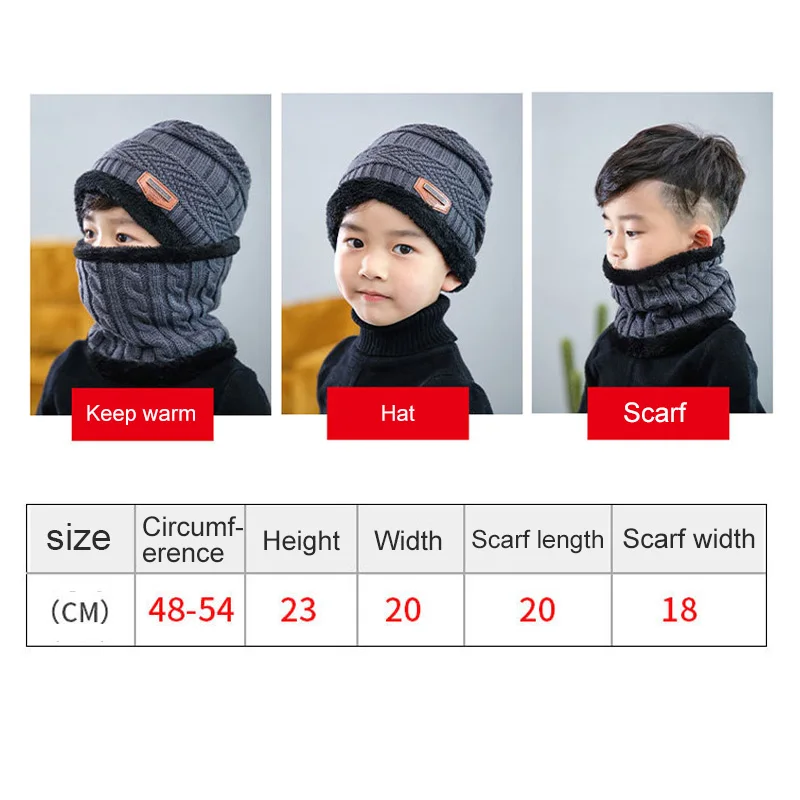 New 2Pcs Kids Winter Warm Knitted Hat with Scarf Set Skullies Beanies for 3-14 Years Old Boy's Children Outdoor Sport Set Hot