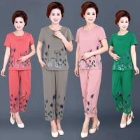 casual women 2 piece set loose print short sleeved t shirt tops pants suits middle aged mother summer 5xl y939