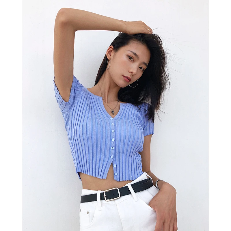 

Summer Ice Silk Knitted Short Sleeve T-shirt Super Short High Waist Open Navel Sexy Tight Cardigan Top