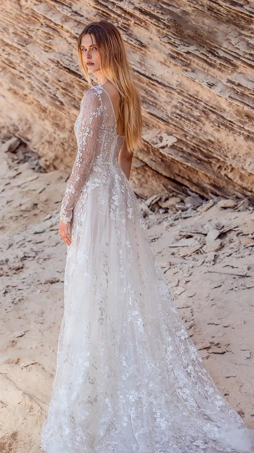 

Wedding Dresses Transparent Dress Floor Length Applique Split One Sleeve Bone A Line S Bridal Dress Vestido De Noiva HA152