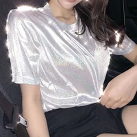 new summer retro style stylish bright silk woman tops shiny loose short sleeve t shirt sexy club aesthetic harajuku women tshirt