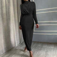 women dress stand collar slim waist solid blue ankle length autumn elegant dress 2021 new fashion long sleeve casual party dress