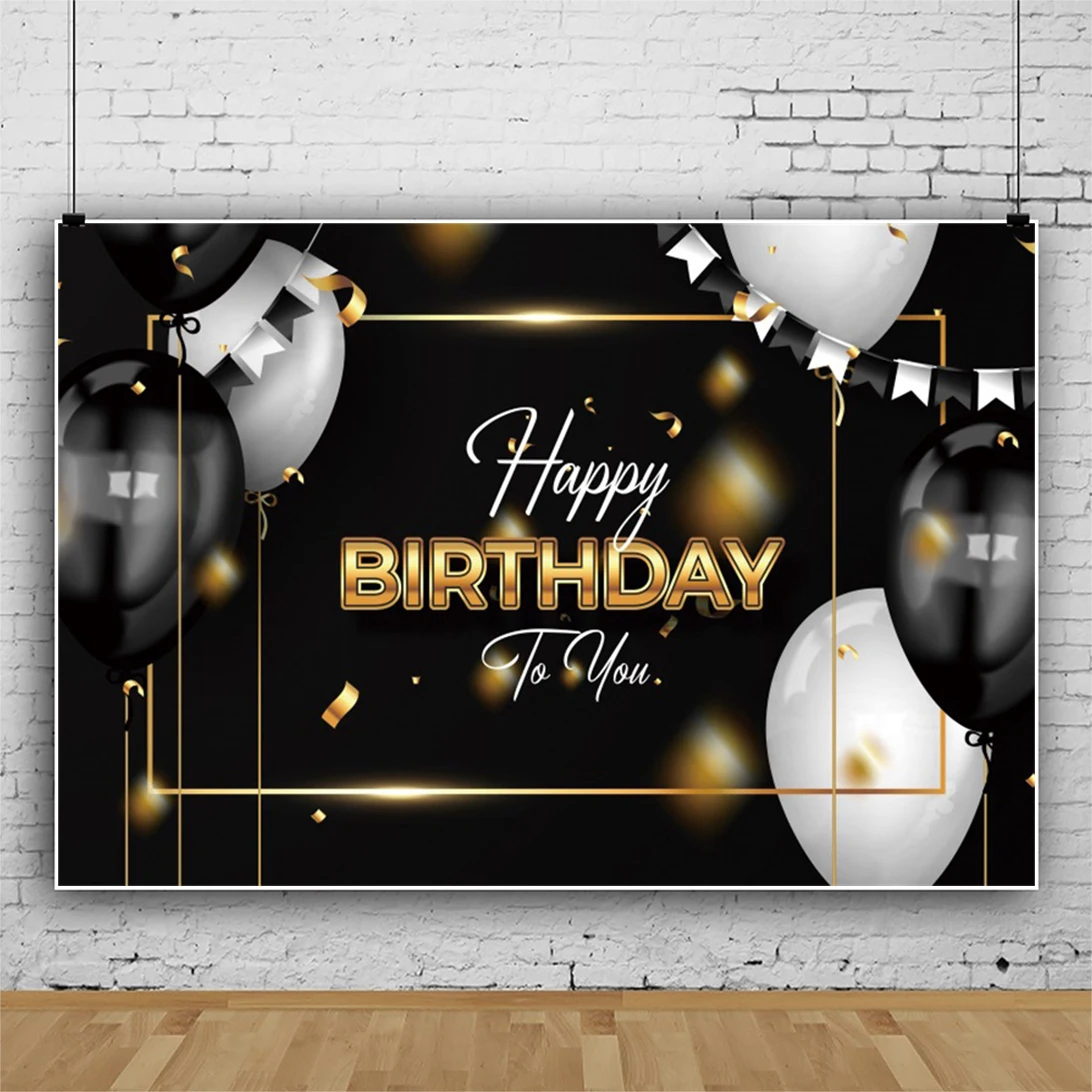 

Black White Balloon Cake Smash Photography Background Custom Happy Women Men Birthday Party Backdrop Dinner Table Banner Decor