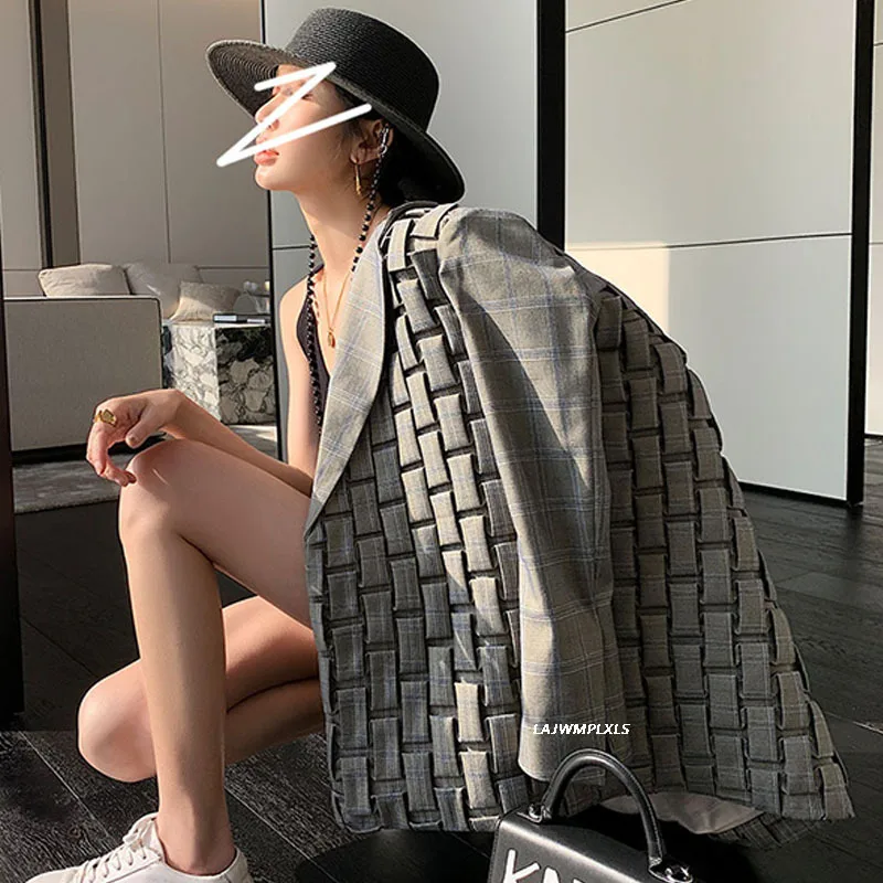 

Spring Autumn 2021 Women Gray Pleated Plaid Big Size Blazer New Lapel Long Sleeve Loose Fit Jacket Fashion Tide