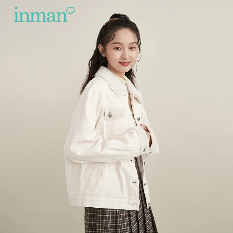 

INMAN Women's Coat Spring Autumn Sweet Young Lamb Wool Stitching Beige Loose All-match Jacket
