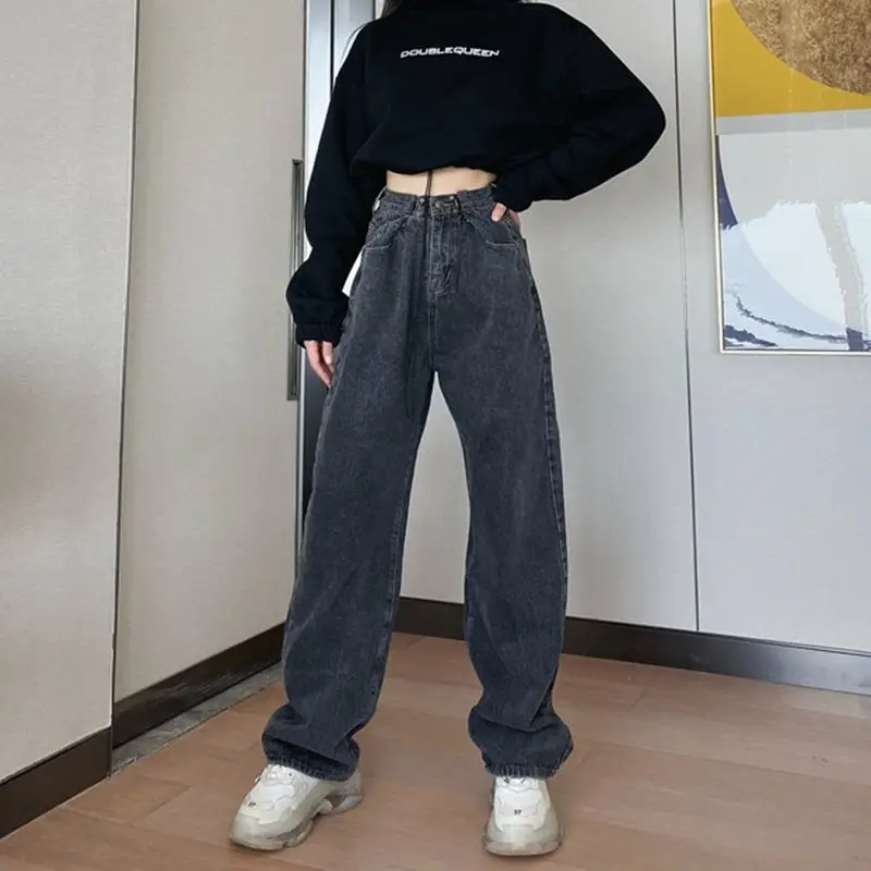 

New Woman Spring Fall High Waist Jeans Wide Leg Denim Streetwear Autumn Fashion Harajuku Casual Solid Straight Full Length Pants