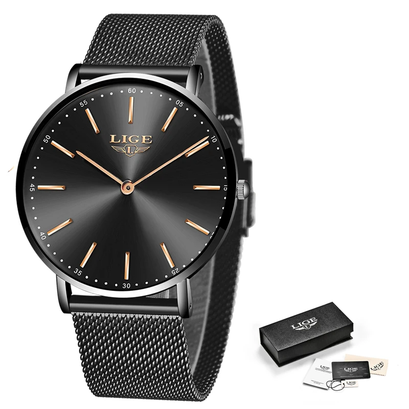 

2020 New Simple Men Watch LIGE Brand Top Fashion Ultra-Thin Dial All Steel Mesh Belt Quartz Watches Mens Waterproof Sport Clock