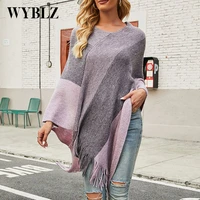 fashion splicing sweater women 2021 spring autumn casual oversized sweater sexy tassel poncho knitted pullover jumper femme new