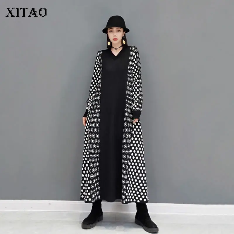 

XITAO New Knitting Jacquard Dress Fashion Contrast Color Casual Loose V-neck Collar Pullover Sweater Dress 2021 Women WMD3785