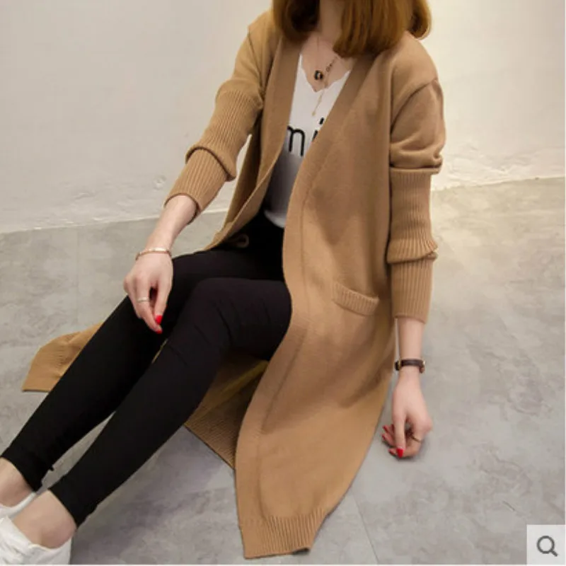 Neploe V шеи длинный вязаный кардиган Femme корейский Свободный Однотонный свитер женский Осень Зима длинный рукав тонкий Pull Femme 46320 - Цвет: khaki
