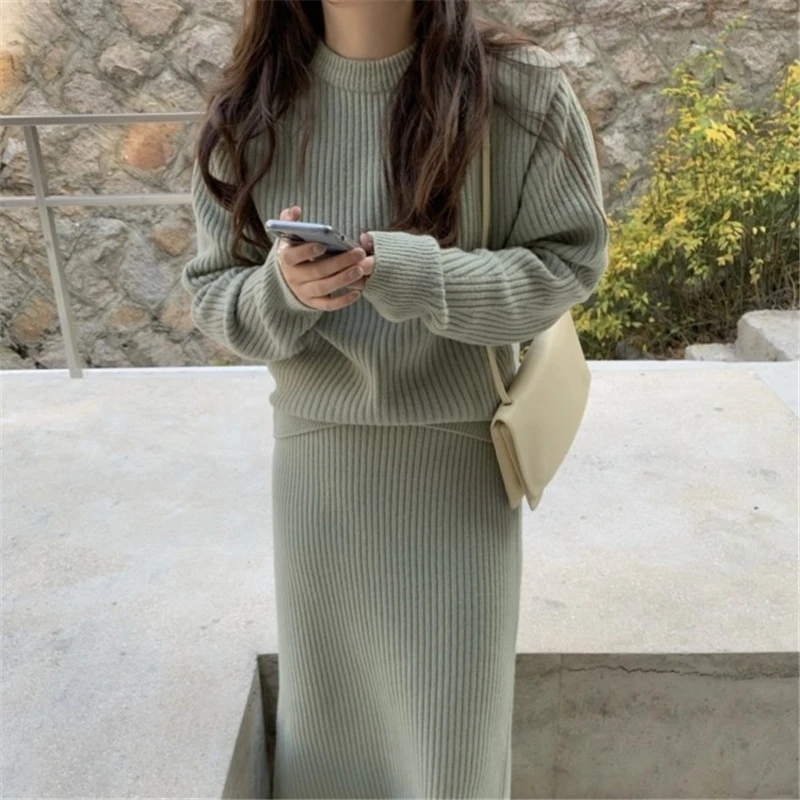 Warm Autumn Winter Two-Piece Set O-Neck Loose Sweater With High Waist Bag Hip Knitted Pencil Skirt Setup Women'S Stripe Outfit |