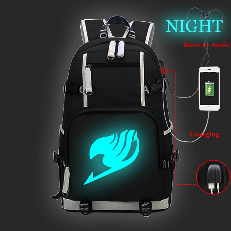 

Luminous Backpack USB Charging Large Capacity Bagpack Unisex School Bags Fairy Tail Anime Backpacks Travel Bag College Bookbag