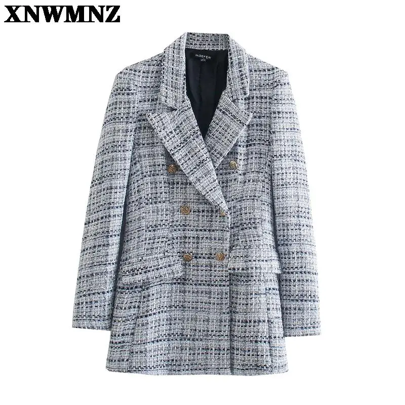 

XNWMNZ New Women Suit Jacket Tweed Blazer Women Jacket Femme Textured check Plaid slim long sleeve golden double-breasted Blazer