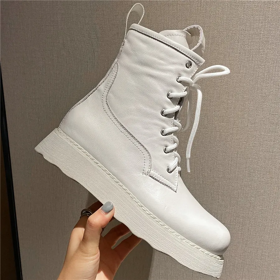 

2020 Women Lace Up Genuine Leather Wedges Low Heel Military Riding Boots Female High Top Round Toe Fashion Sneakers Casual Shoes