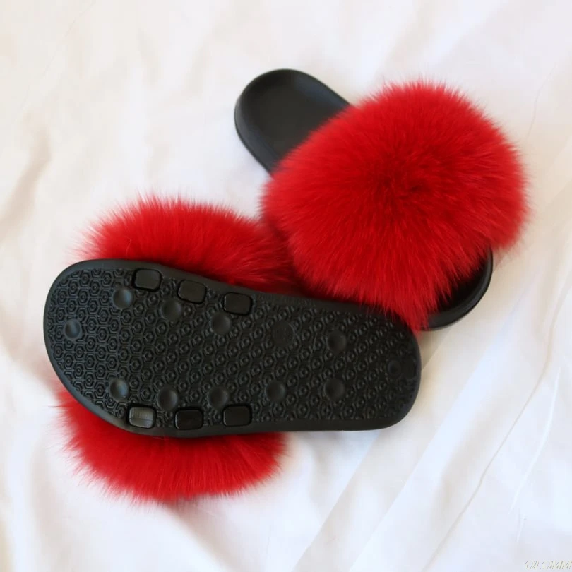 

Real Fox Hair Children girl Slippers Kids Fur Home Fluffy Sliders Winter Plush Furry Summer Flats Sweet Baby girl Shoes size