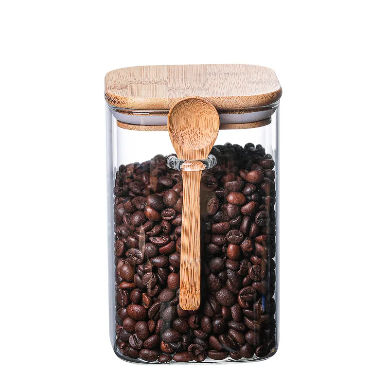 Bamboo Lid Glass Sealed Cans with Spoon Coffee Bean Storage Airtight Bottle Kitchen Jar Tea Spice Seasoning Jars | Дом и сад