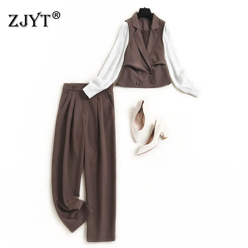 

Elegant Office Lady Two Piece Outfits Color Block Blazers and Pants Suit Set Women Spring Designers Trousers Twinset