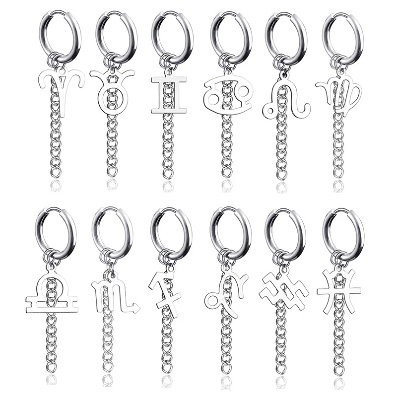 

Punk Stainless Steel Constellation Symbol Hoop Earrings Women Men Surgical Steel Long Chain Tassel Zodiac Drop Earrings Jewelry