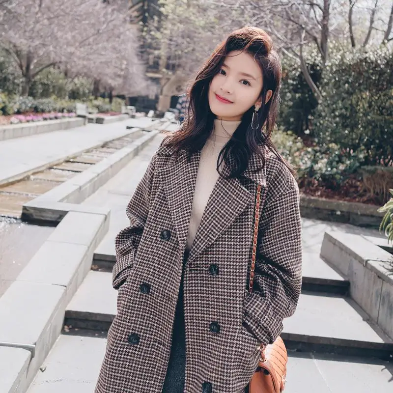 Зимние женские шерстяные пальто с рисунком гусиные лапки модные коричневые