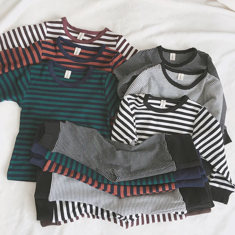 Осенне зимние пижамные комплекты в полоску из чистого хлопка для мальчиков и