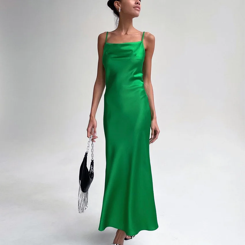 

2022 Satin Dress Women Cocktail Maxi Dresses Elegant Vintage Vestidos Spaghetti Strap Sexy Streetwear Party Robe Female Clothing