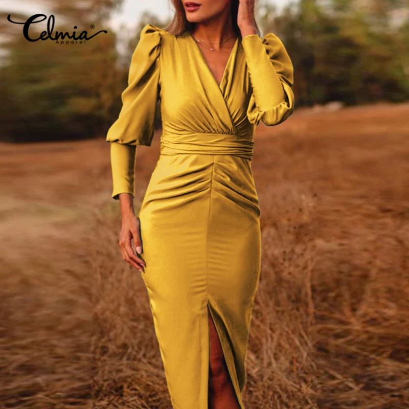 

Women Puff Sleeve Sundress Celmia 2021 Elegant Party Dress Slit Hem Solid V Neck Pleated Stain Vestidos Bodycon Robe