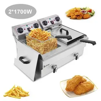 

US EH102V 16.9QT/16L Capacity 24.9QT/23.6L Stainless Steel Faucet Two-cylinder Electric Fryer 3400W(8L+8L big blue/large handle)