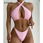 Сексуальный бандажный однотонный купальник GNIM, Женский комплект из 2 предметов, бикини 2021, летняя пляжная одежда, купальник с открытой спиной и высоким вырезом, женское бикини на шнурке