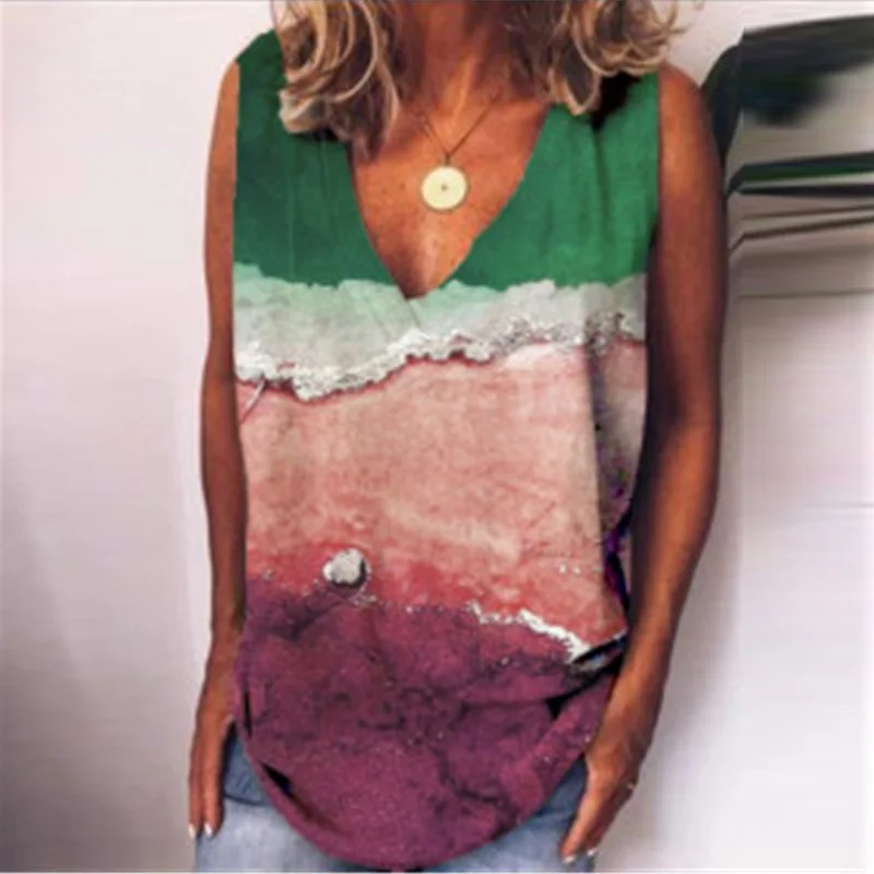 

2021 Fashion Vintage Landscape Print Blouse Pullover Summer Sexy V-Neck Sleeveless Shirt Clothing Women Casual Loose Tops Blusas