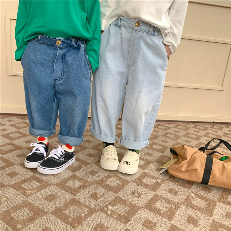 

Boys autumn fashion solid color jeans girls loose all-match denim pants children bottoms