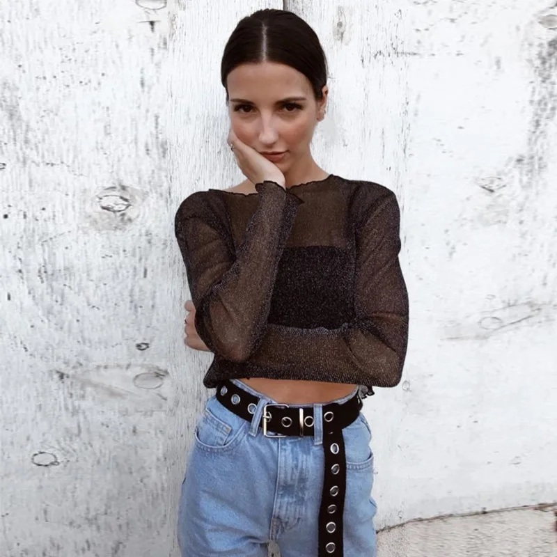 Лидер продаж Женская пикантная сетчатая рубашка с длинными рукавами топ оборками в пупок Клубная одежда для