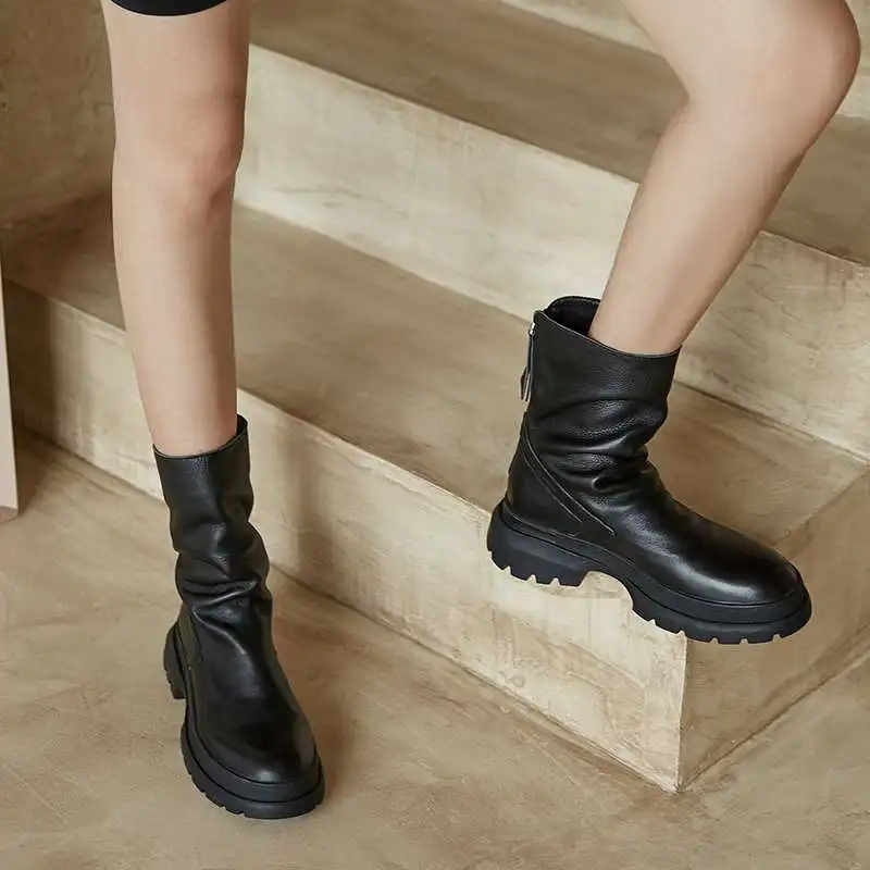 

Vichelo Hot new sports style leisure genuine leather waterproof round toe thick med heel back zipper handmade mid-calf boots L32