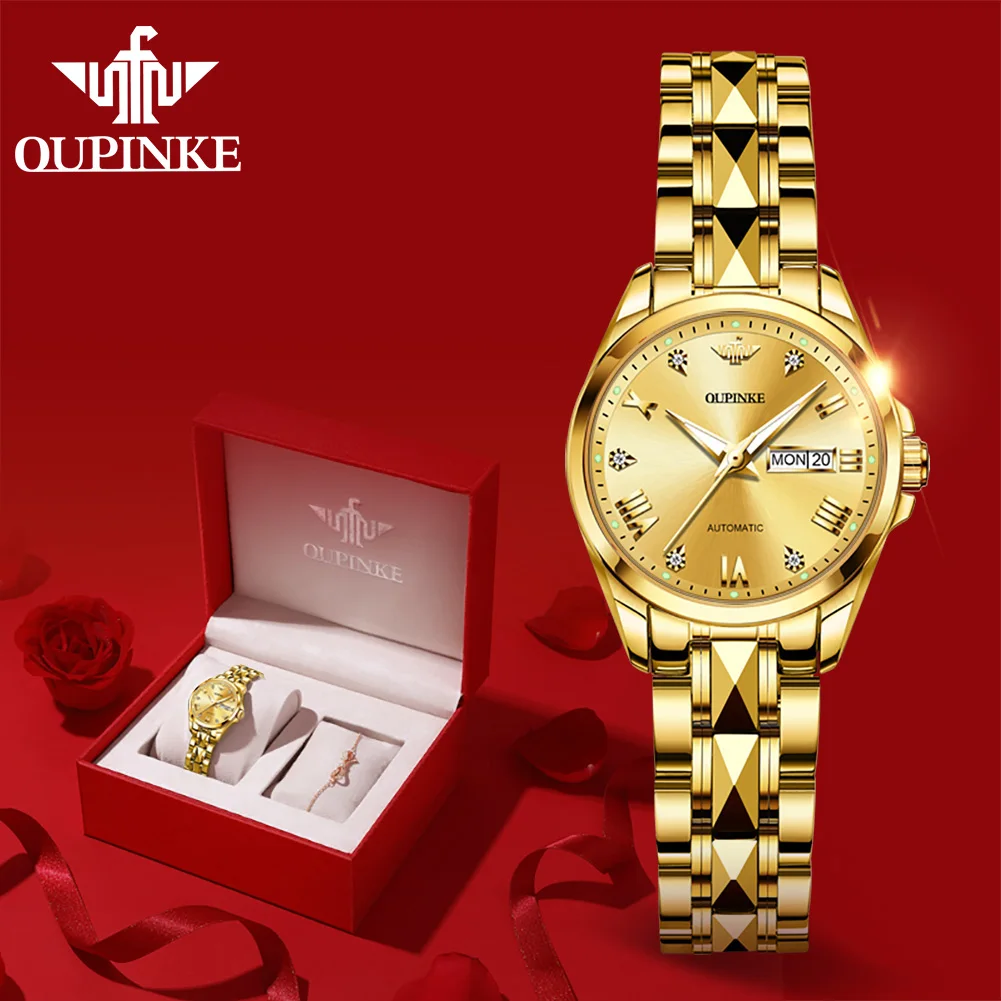 OUPINKE Gold Watch Women's watches Luxury Brand Women Mechanical Watch Sapphire Glass Ladies Automatic Wrist Watch montre femme