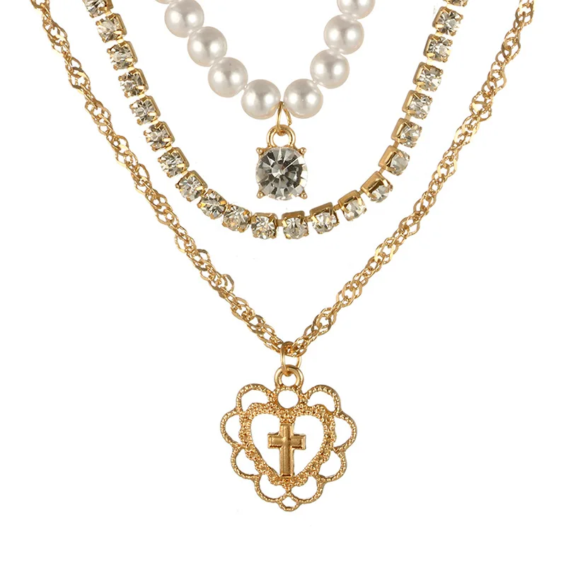 Стразы кулон крест с сердцем ожерелье для женщин элегантные многослойные