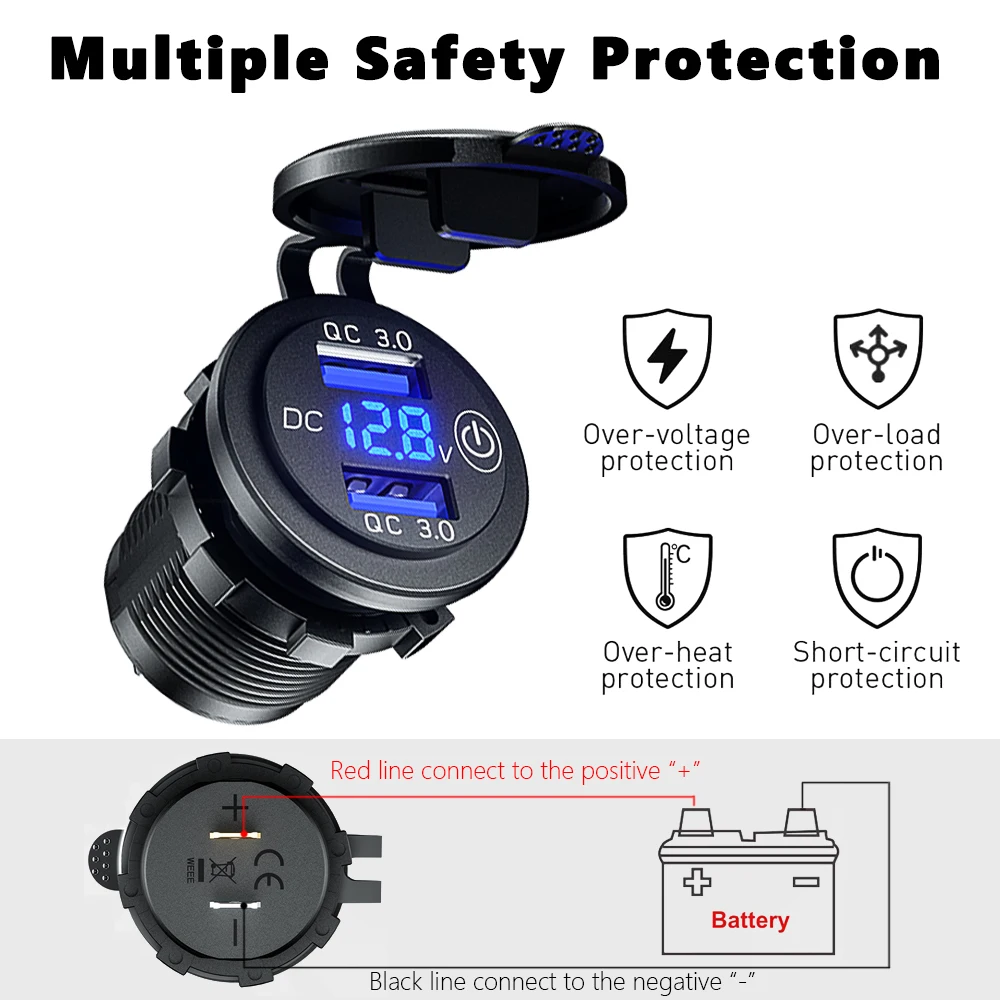 nexvaly usb charger 12v quick charger 3 0 car charge led voltage display with touch switch on off for motorcycle atv boat free global shipping