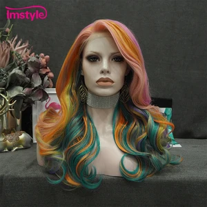 Imstyle Rainbow Wig Mixed Color Synthetic Lace Front Wig Wavy Colorful Wigs For Women Heat Resistant Fiber Multicolor Wig