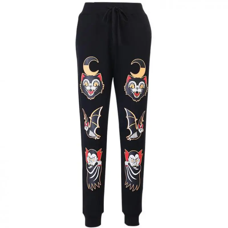 

Осенние свободные прямые Универсальные женские брюки с принтом на Хэллоуин в стиле Харадзюку С тонкой эластичной талией на осень и зиму