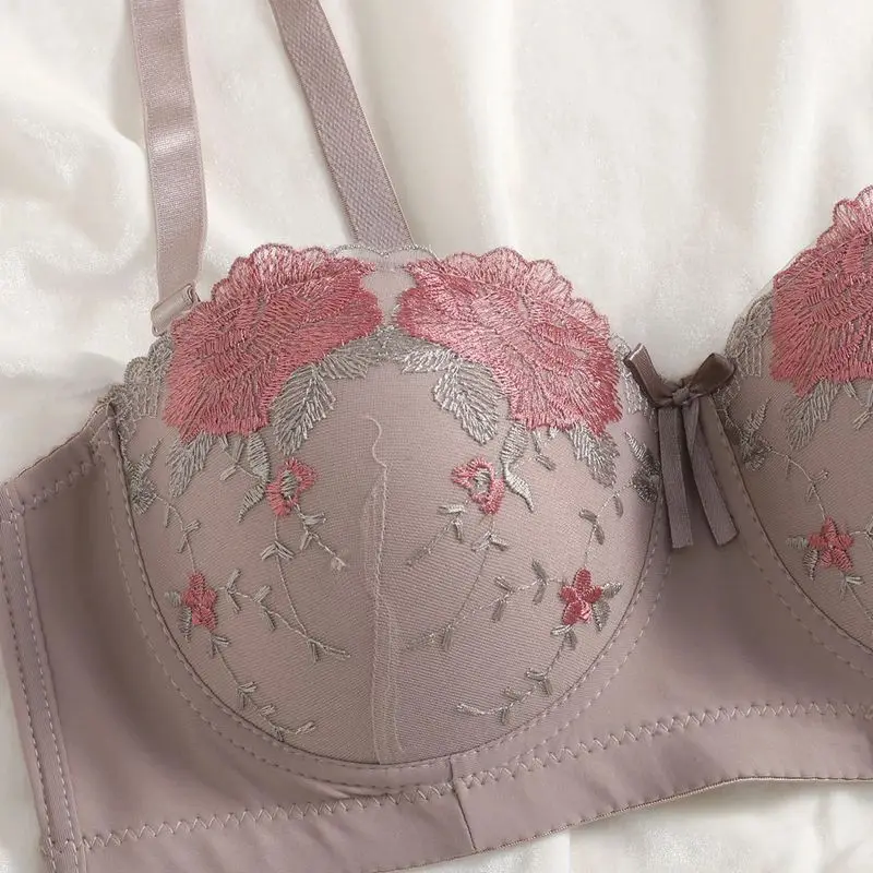 

Trufeeling Dusty Purple Plus Embroidered Underwire Bra 3 Hooks Elastic Band Underwear No Foam Padded Unlined Comfort Lingerie Bh