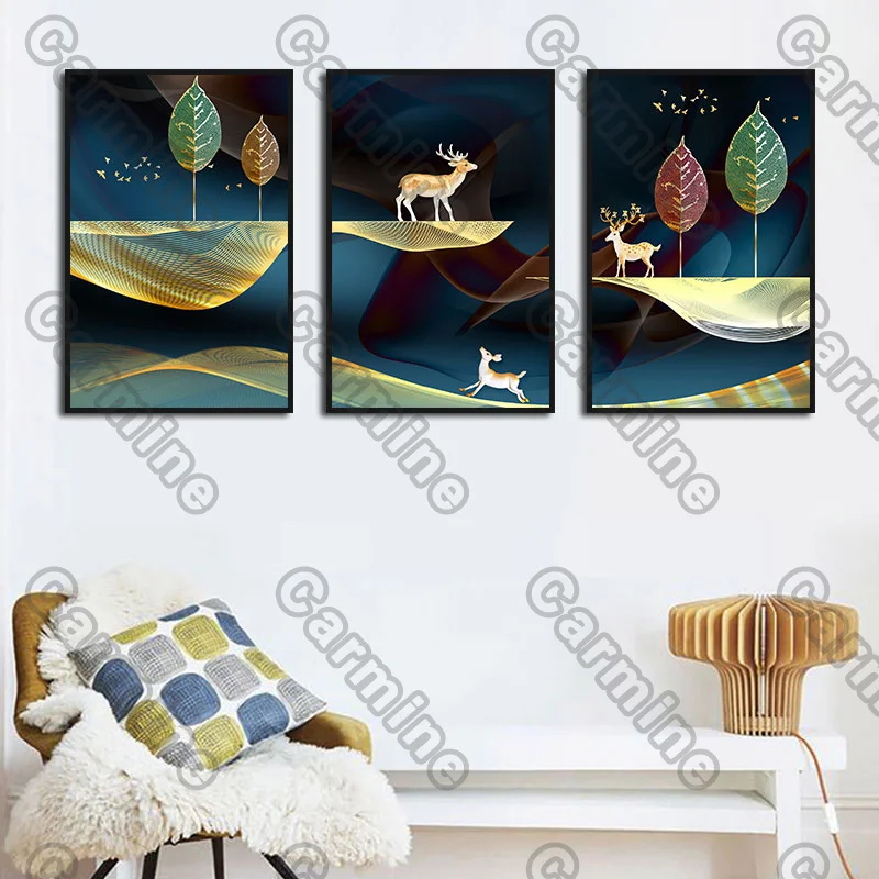 

Poster Red Green Leaf Deer Landscape Canvas Painting and Prints Wall Art Pictures Decoration for Living Room 3Pcs Frameless